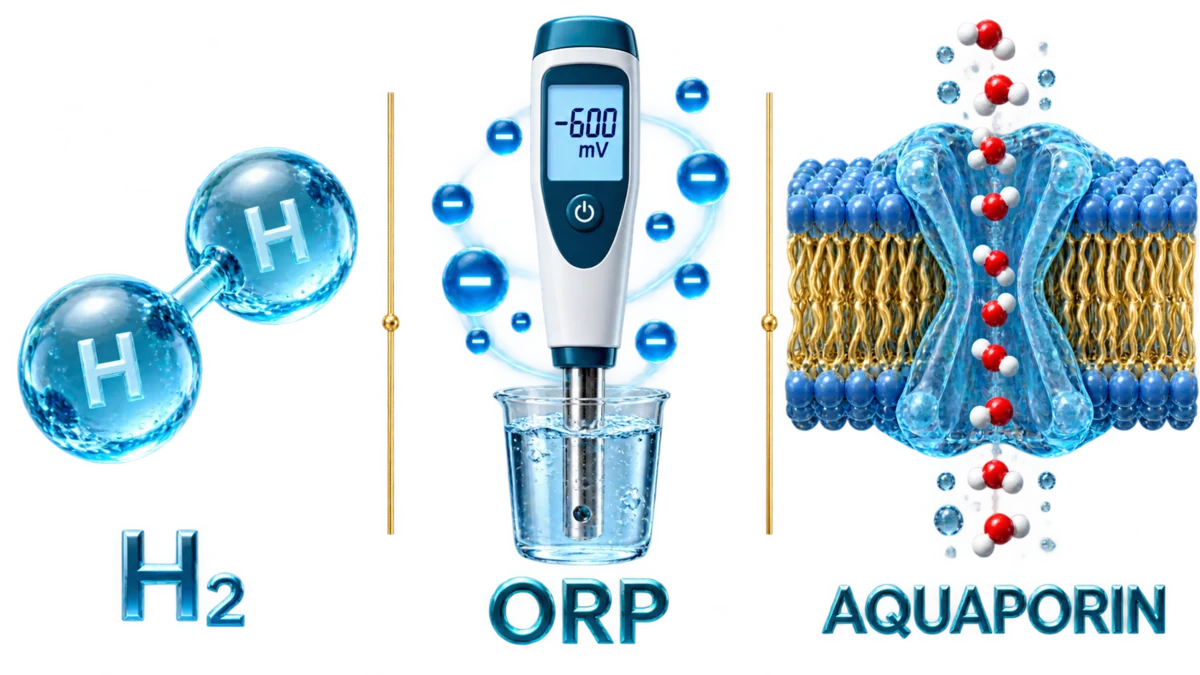 A simple diagram: molecular hydrogen, a negative charge, and water absorbing into a cell